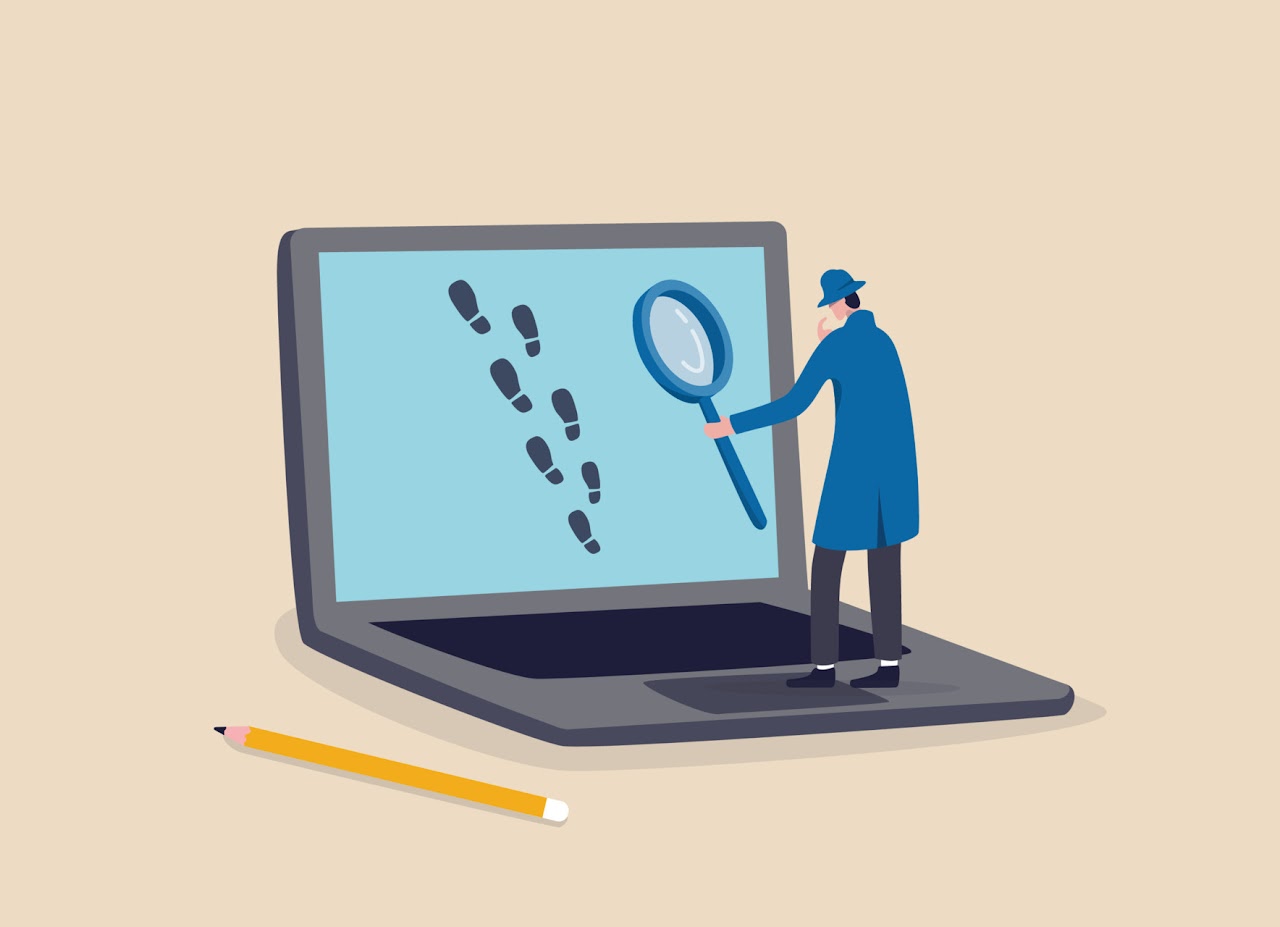 Illustration of a detective examining digital footprints on a laptop