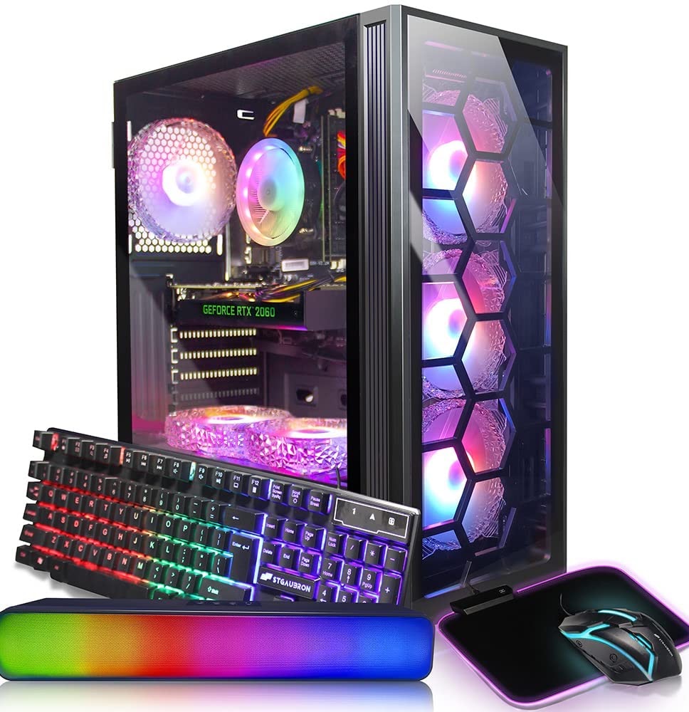 RGB gaming PC bundle with keyboard, mouse, and sound bar